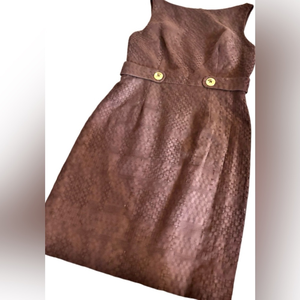 Milly Chocolate Brown Sleeveless Textured Dress w/ Gold Buttons. Size 10. NWOT